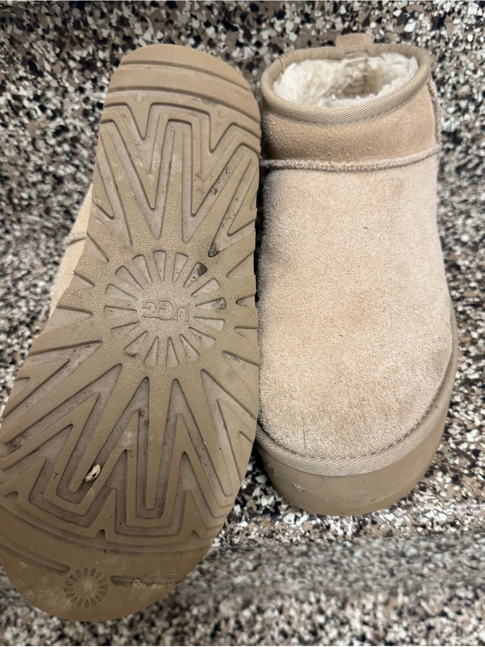 These are UGG Classic Ultra Mini Platform boots in a sand suede color size 6 - Picture 4 of 5